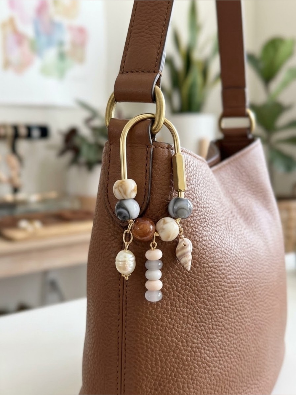 Beach Boho Carabiner Gold Tone Beaded Bag Charm Keychain with Shell & Faux Pearl